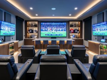 Luxury home media room configured as a sportsbook command center with an 85-inch central TV, side monitors, tiered recliners and rear bar seating, acoustic wall panels, blackout shades, ambient lighting, and built-in cabinetry, viewed straight-on from behind the seating.