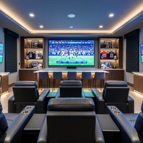 Luxury home media room configured as a sportsbook command center with an 85-inch central TV, side monitors, tiered recliners and rear bar seating, acoustic wall panels, blackout shades, ambient lighting, and built-in cabinetry, viewed straight-on from behind the seating.