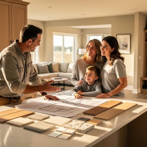 Custom home builder meeting with a young family at a kitchen island, reviewing floor plans and material samples under warm golden-hour light, with an open living room and mudroom cubbies softly blurred in the background.