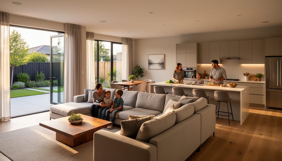 Multi-generational family enjoying time together in custom-designed open living space