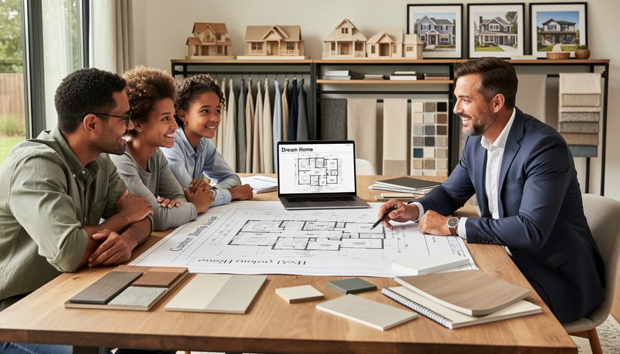 Family reviewing custom home plans together at dining table in natural light