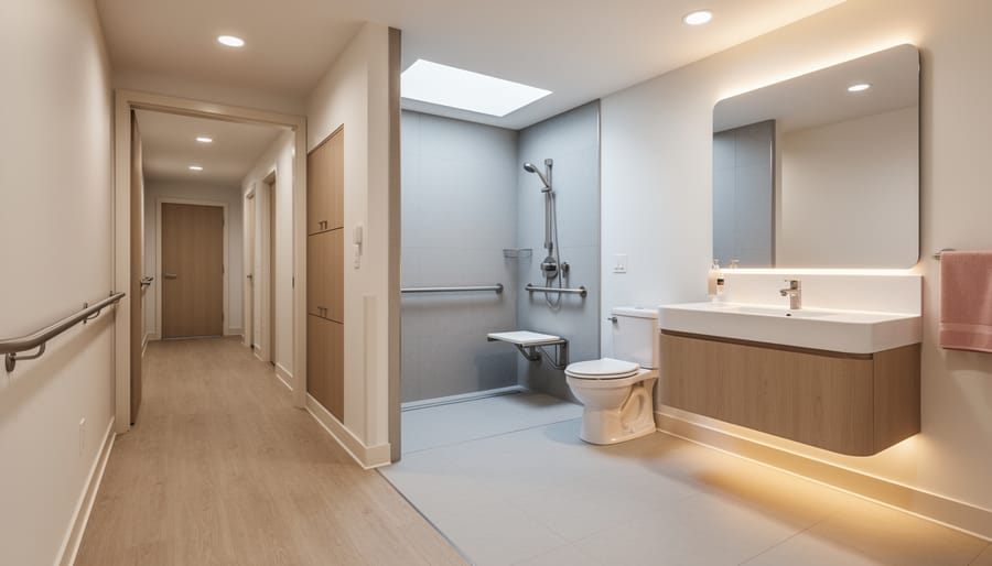 Elderly person using an accessible shower with grab bars in a bright, modern home interior while a younger adult stands nearby