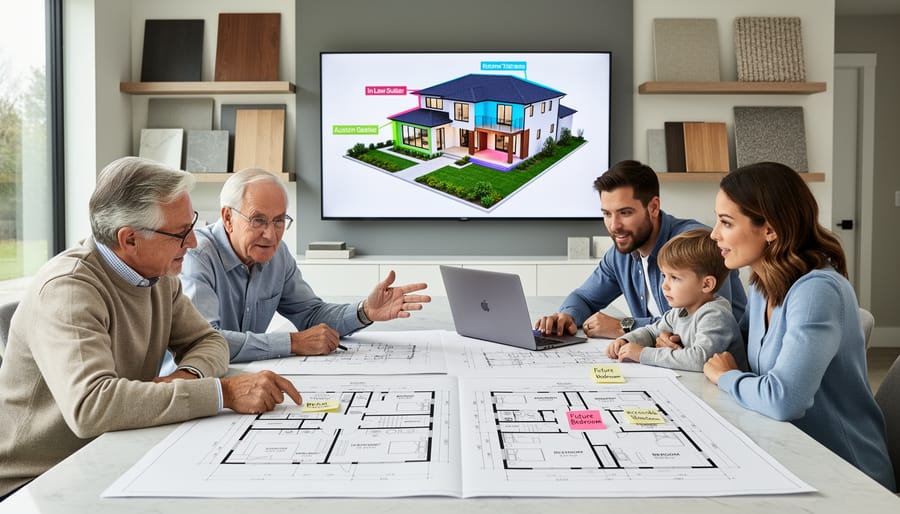 Family and contractor reviewing planning materials inside a framed custom home under construction