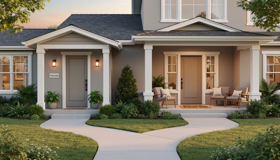 Exterior view of a custom home showing a lit in-law suite entrance with an accessible ramp and a separate main family entry
