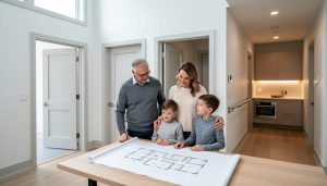 A Canadian family and architect review a custom home layout inside a modern house, highlighting multigenerational accessibility and a secondary-suite design.