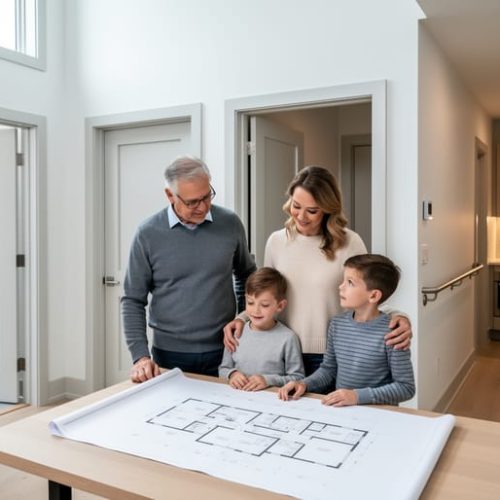 A Canadian family and architect review a custom home layout inside a modern house, highlighting multigenerational accessibility and a secondary-suite design.