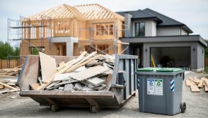 Partially built custom home at a construction site with dumpsters and separated containers for recycling construction waste materials.
