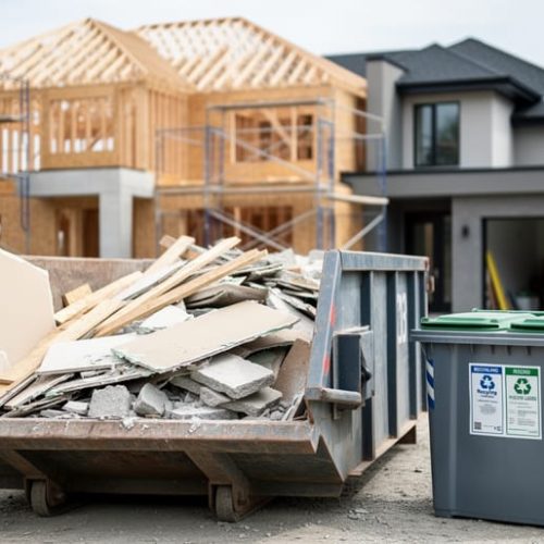 Partially built custom home at a construction site with dumpsters and separated containers for recycling construction waste materials.