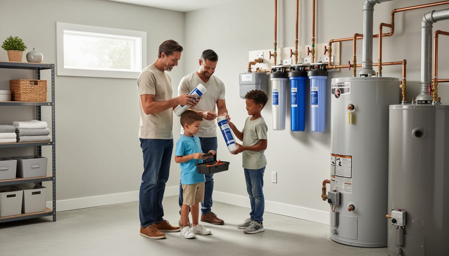 Family members installing a replacement water filter cartridge in a whole house filtration unit.