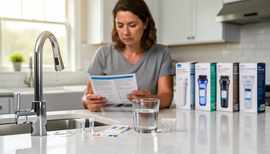 Gloved hands preparing a water sample on a kitchen counter for testing water quality.