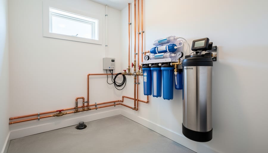 Whole house water filtration equipment installed in a custom home mechanical room near the main water line.