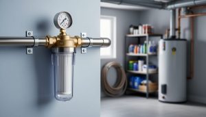 Stainless and brass whole-house water filtration unit installed in a clean home utility room next to incoming plumbing.
