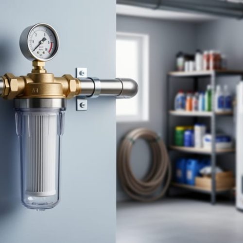 Stainless and brass whole-house water filtration unit installed in a clean home utility room next to incoming plumbing.
