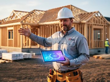 “Custom home builder reviewing an AI-assisted tablet on a construction site with a sunlit framed house in the background.”