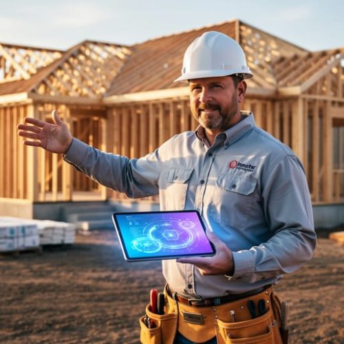 “Custom home builder reviewing an AI-assisted tablet on a construction site with a sunlit framed house in the background.”