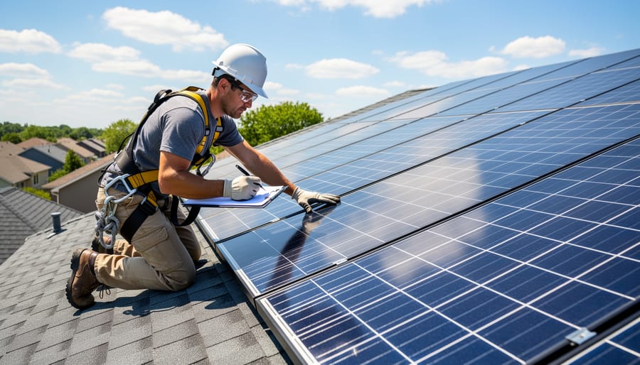 Homeowner wearing safety gloves inspecting a residential solar panel array on a roof