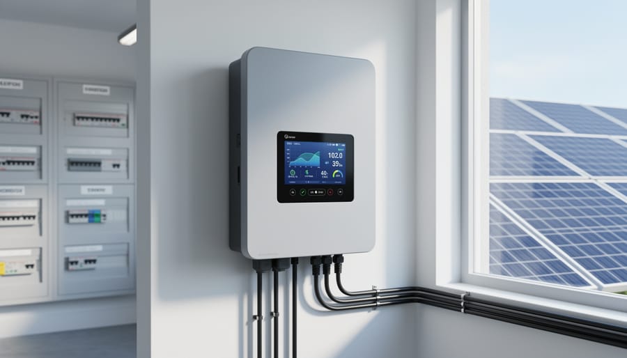 Residential solar inverter mounted on a garage wall with connected conduits