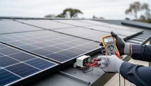 Gloved hands holding a digital multimeter next to rooftop solar panels and an accessible junction box on a custom home.