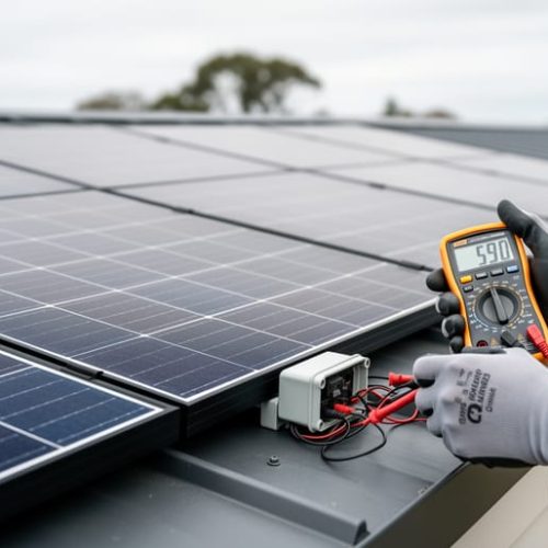 Gloved hands holding a digital multimeter next to rooftop solar panels and an accessible junction box on a custom home.