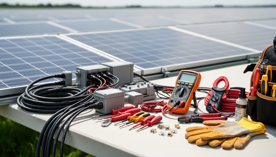 Digital multimeter and solar testing tools placed near rooftop solar wiring