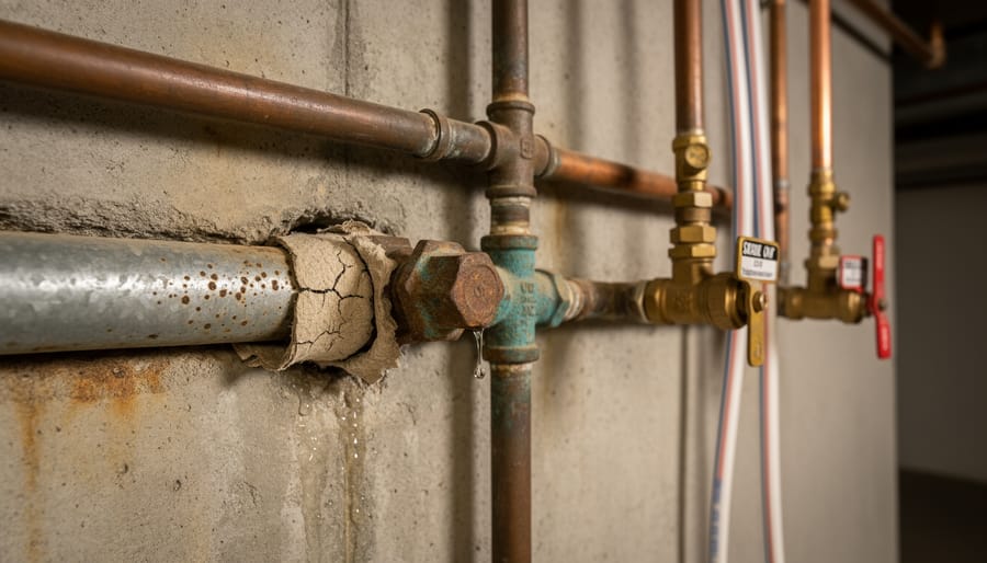 Close-up of a plumber holding an aged section of home plumbing pipe