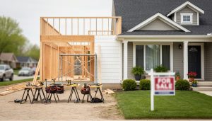 A modern construction site next to an existing home with an unreadable yard “for sale” sign, photographed in soft daylight to represent building while selling.