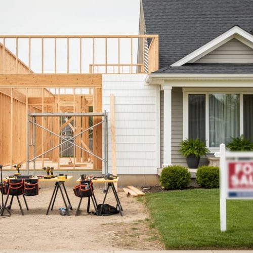 A modern construction site next to an existing home with an unreadable yard “for sale” sign, photographed in soft daylight to represent building while selling.