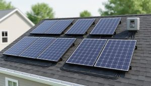 Eight solar panels installed on a residential rooftop with neatly routed wiring toward the inverter/disconnect area, illustrating a series-parallel connection setup.