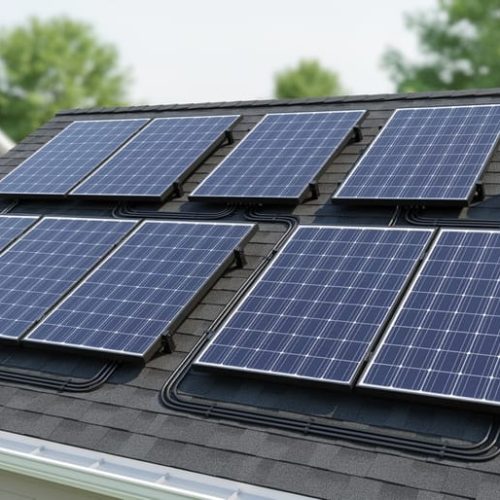 Eight solar panels installed on a residential rooftop with neatly routed wiring toward the inverter/disconnect area, illustrating a series-parallel connection setup.