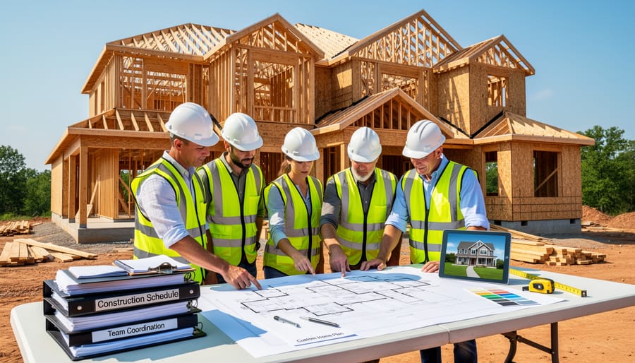 Clipboard on a wooden beam with a framed custom home under construction in the background