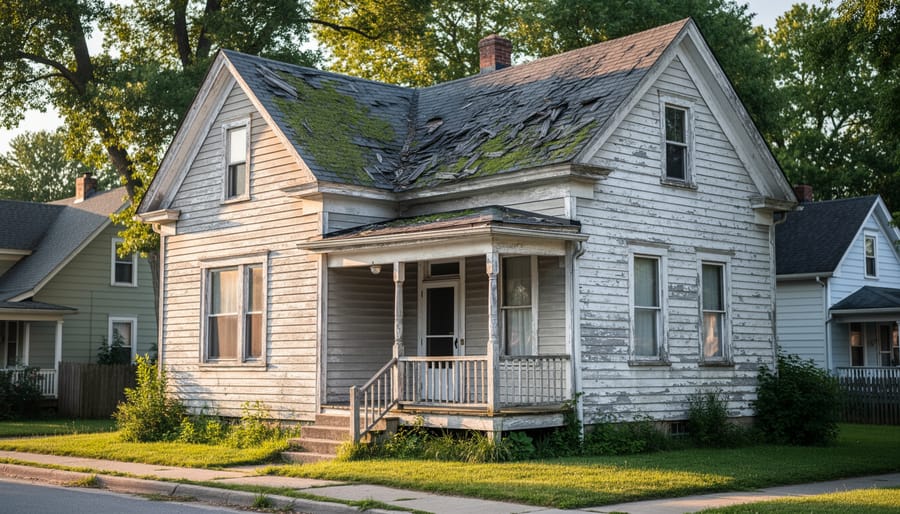 Exterior of an older heritage house showing weathered siding and aging roof shingles