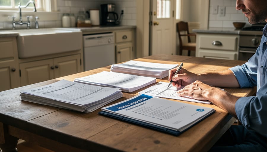 Homeowner reviewing documents and home maintenance items on a kitchen table