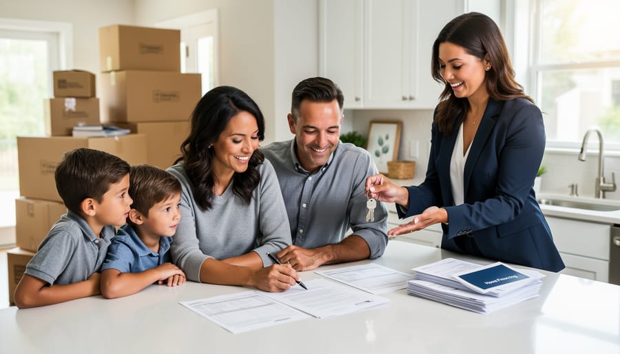 Homeowner couple holding keys and reviewing mortgage documents in a bright living room