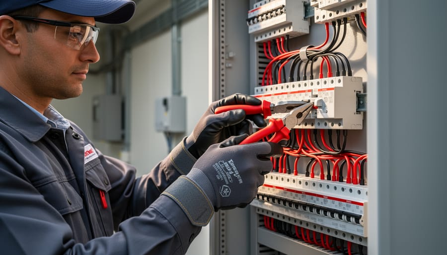 Installer in insulated gloves and safety glasses working on solar DC wiring near a junction box
