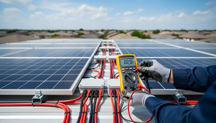 Gloved hands using a multimeter to test solar cable connections
