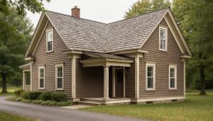 Exterior view of an older home showing weathered roof shingles under soft overcast light, illustrating the focus on roof and home condition for insurance underwriting.