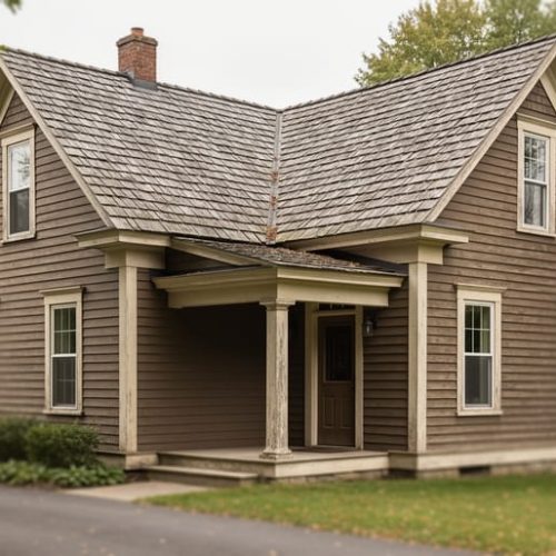 Exterior view of an older home showing weathered roof shingles under soft overcast light, illustrating the focus on roof and home condition for insurance underwriting.