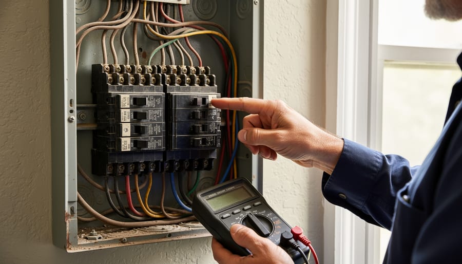 Close-up of an electrical panel being inspected in an older home