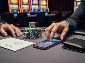 A casino player at a table with chips and a smartphone on do-not-disturb, with a closed wallet and personal budget envelope, shown in a calm, self-controlled moment.