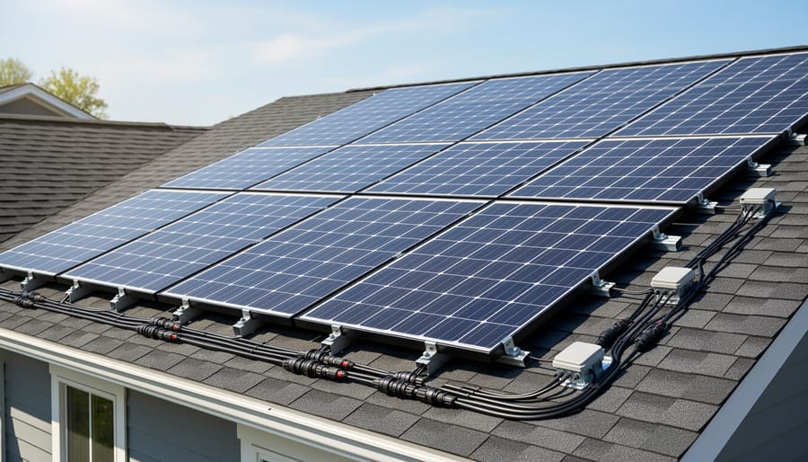 Solar panels on a residential roof with visible wiring connectors between panel sections