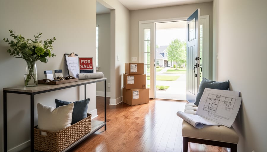 Staged front entryway with an unreadable real estate yard sign and a real estate agent preparing to display it