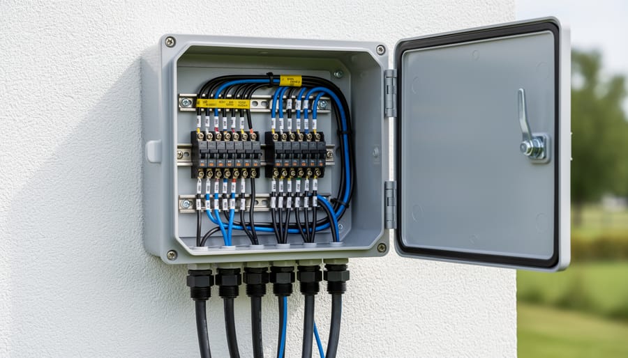 Solar cables routed neatly into a weatherproof combiner enclosure with organized strain relief