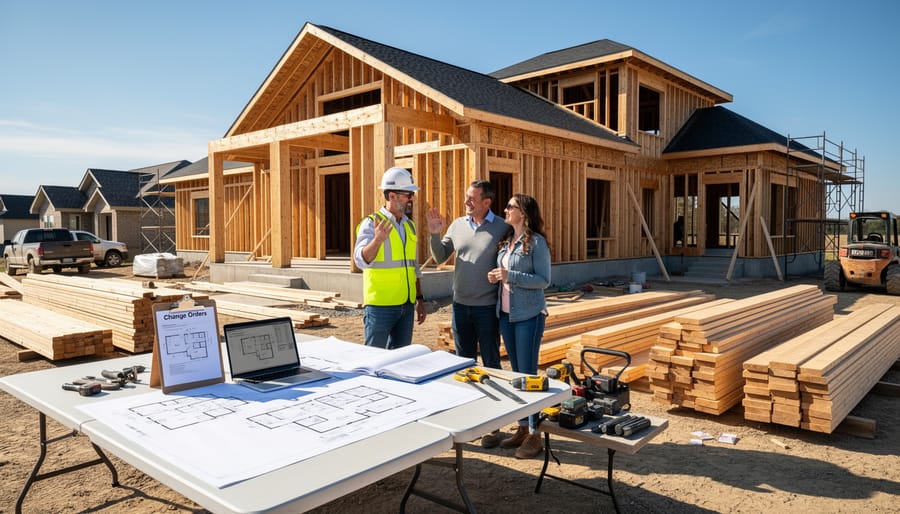 Exposed framing and insulation inside a custom home jobsite under natural daylight