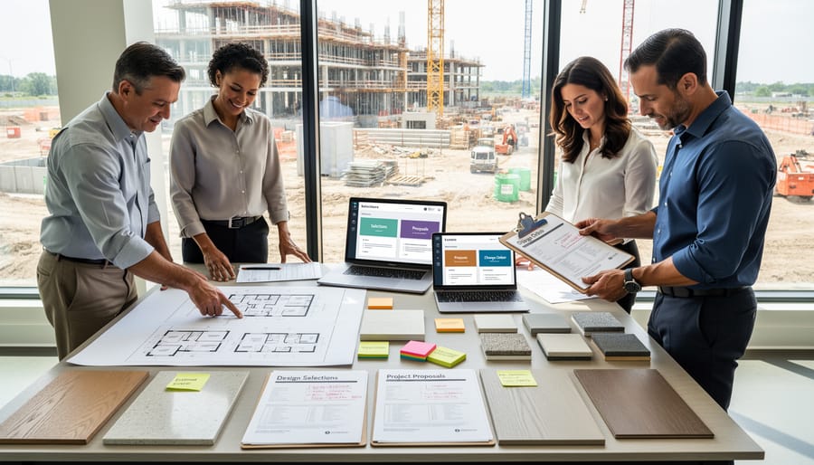 Homeowner and builder reviewing construction documents at a table in a model-home office
