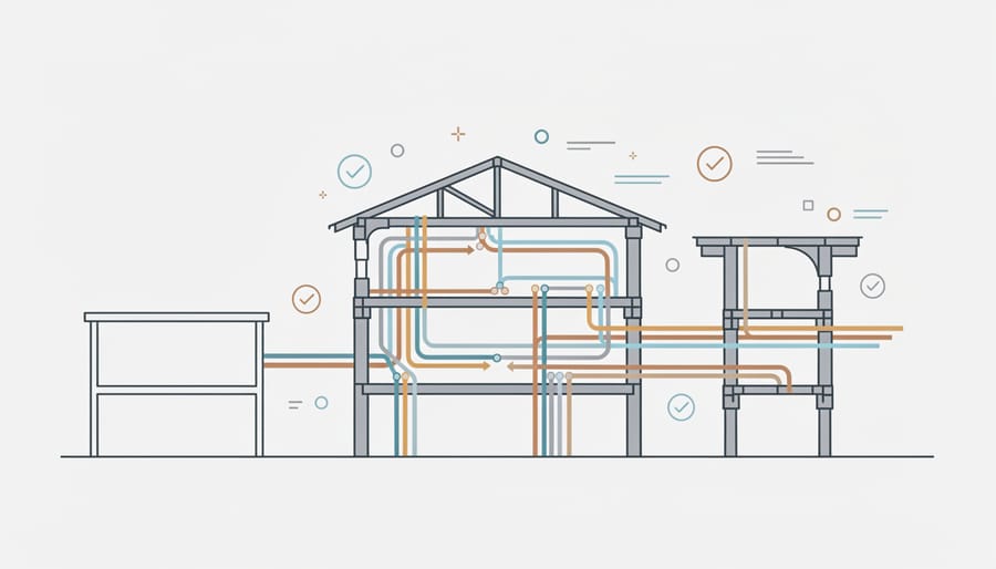 Partially constructed kitchen showing cabinet boxes, electrical openings, and plumbing lines